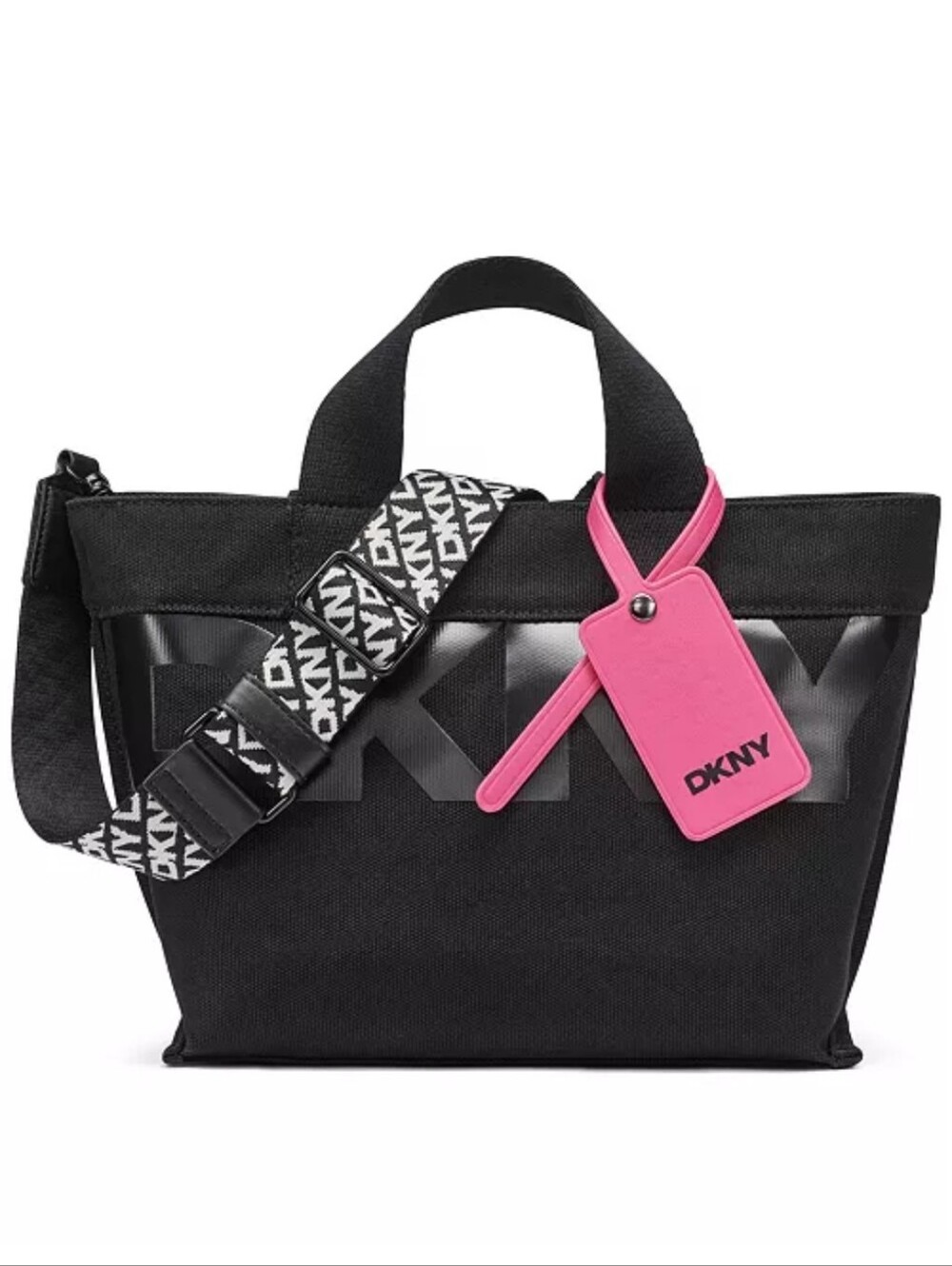 DKNY Black Canvas Tote with Pink Luggage Tag and Logo Strap/ BNWT